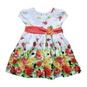 Bonnie Jean Toddler Floral Dress Party White Coral Green Lined  Belted Size 2T